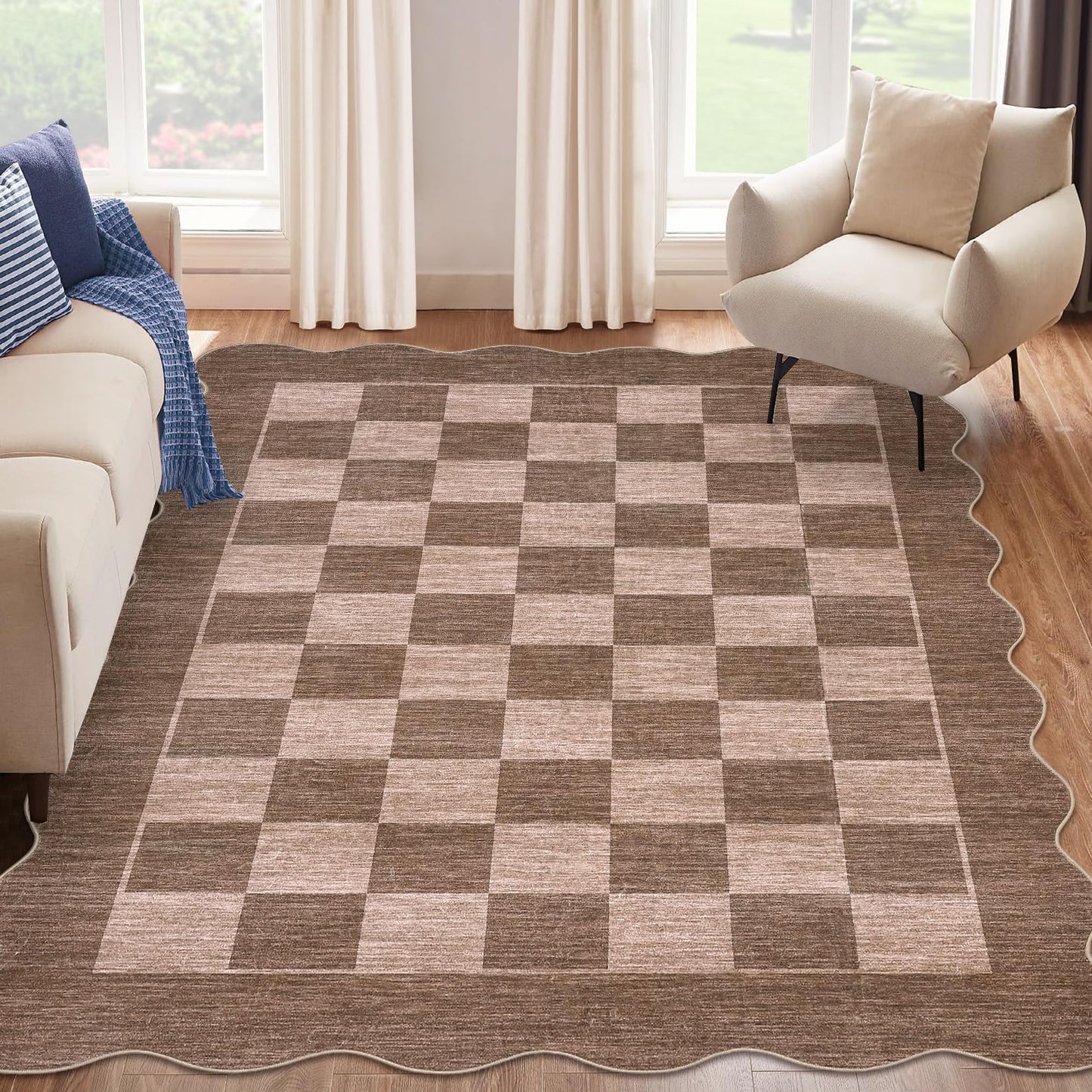 GarveeHome Scalloped Living Room Rug 8x10 Washable Area Rug for Dining Room Bedroom Low Pile Neutral Area Rugs Modern Checkedboard Farmhouse Floor Cover Brown