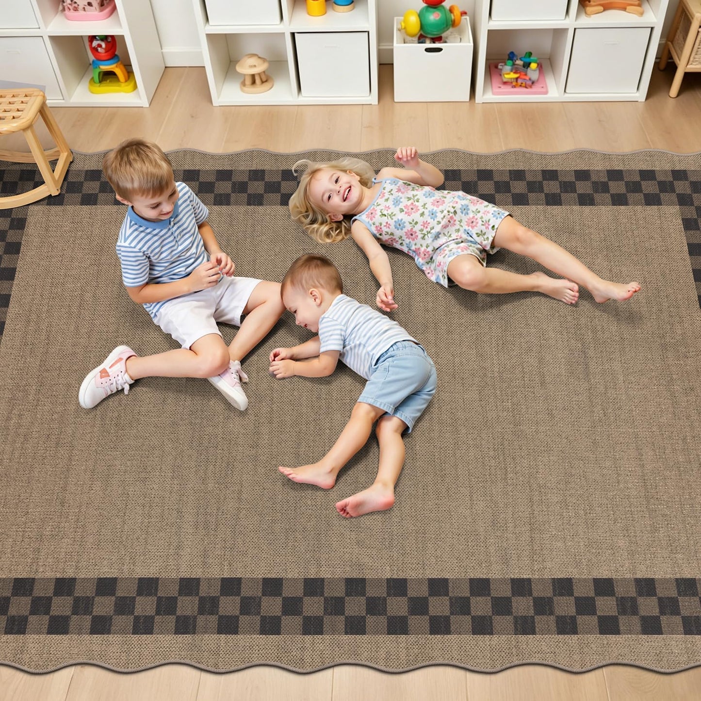 U'Artlines Easy Jute Checkered Area Rug 5x7, Washable Non Slip Indoor Outdoor Rug, Low Pile Non Shedding Farmhouse Carpet for Entryway Patio Backyard Kitchen Living Room Bedroom (Checked)