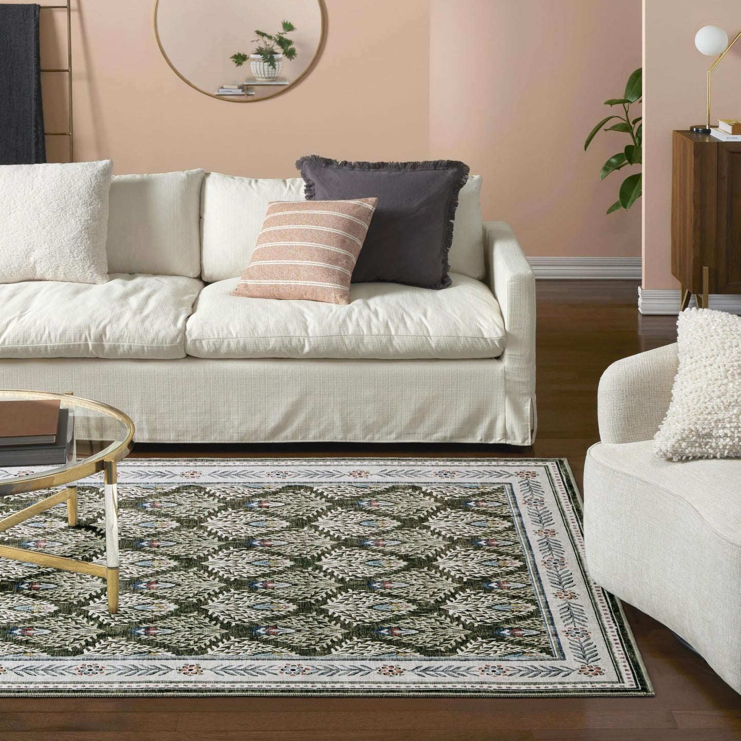 EVERWASH Haven Geo Border Machine Washable Area Rug with Airflo Technology for Easy Clean, Ultra-Soft Pile, Built-in Rug Pad with Non-Slip Backing, Pet, Family & Allergy Friendly Rug, Brown, 8'x10'