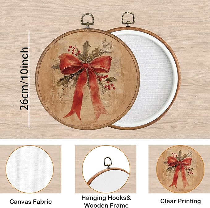 KSDUT Christams Wall Decor Art - Vintage Xmas Bow Wall Art Canvas Frame Hanging Prints, Retro Rustic Holiday Round Wall Art Decor for Home Bedroom Decorations 10"x10"