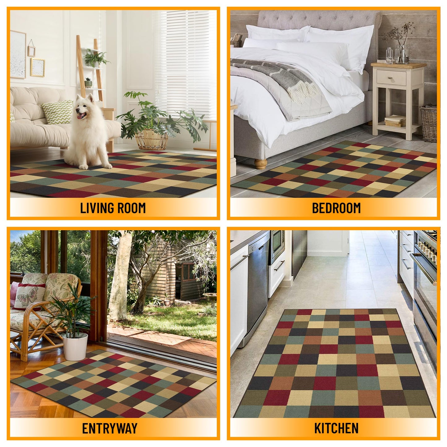 Ottomanson 3'3" x 4'7" Area Rug – Non Slip Low Pile Stain Resistant Accent Rug for Bedroom, Entryway, Bedside, Kitchen & Living Room, Checkered Multicolor