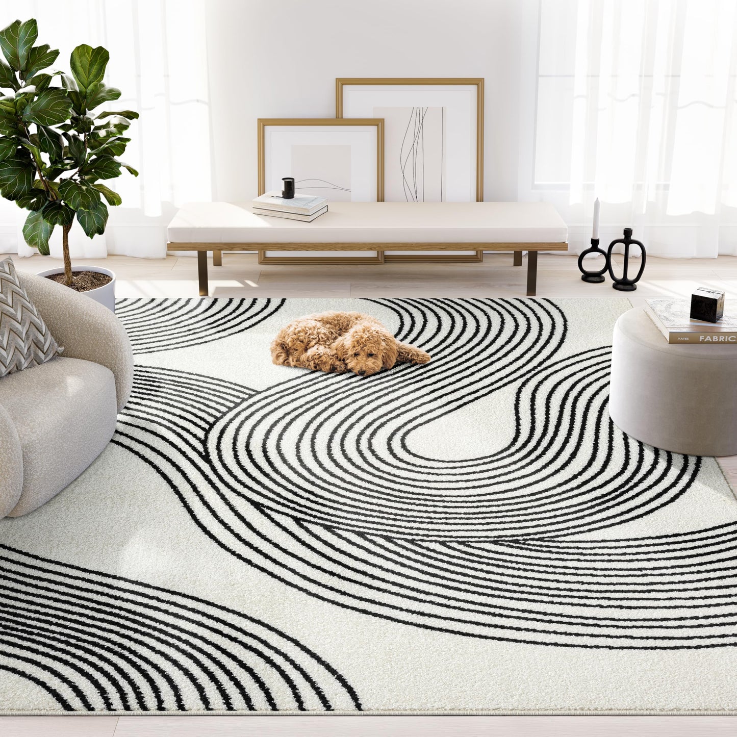 Abani Cream and Black Swirl Area Rug | 6" x 9" Beige Carpet with Wave Pattern | Modern Rug for Living Room, Bedroom and Office | Nuevo Collection