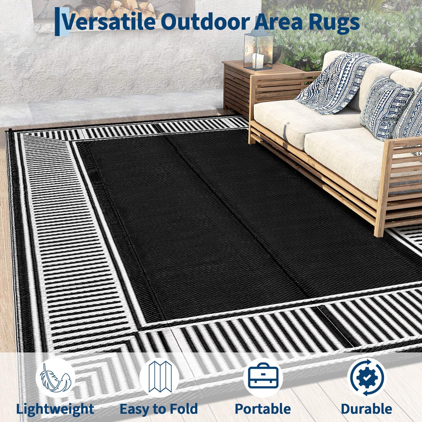 Garvee 9x12 Outdoor Rug for Patio Plastic Straw Rug Waterproof Reversible Mat Lightweight Foldable Carpet Easy Clean Large Rugs for Patio Porch Backyard Camping RV Beach Balcony Deck Border Black