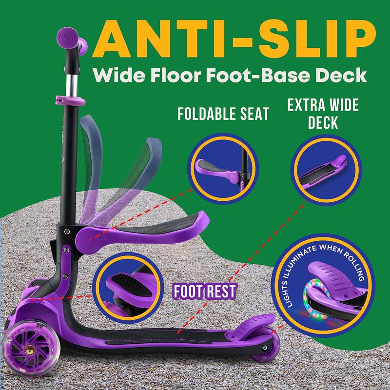 3 Wheel Scooter for Kids with Foldable Seat, Adjustable Handlebar Height, Lean-to-Steer Ride On Toy for Kids Ages 2+, Light-Up LED Wheels, Wide Anti Slip Deck, Indoor & Outdoor Use, Purple