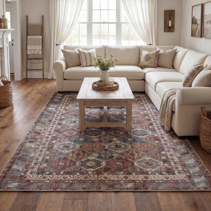 Kuden 6x9 Area Rug, Machine Washable Area Rug with Non-Slip Backing, Vintage Style, Soft, Easy Clean, Low Pile Rug for Living Room, Bedroom, Dining Room