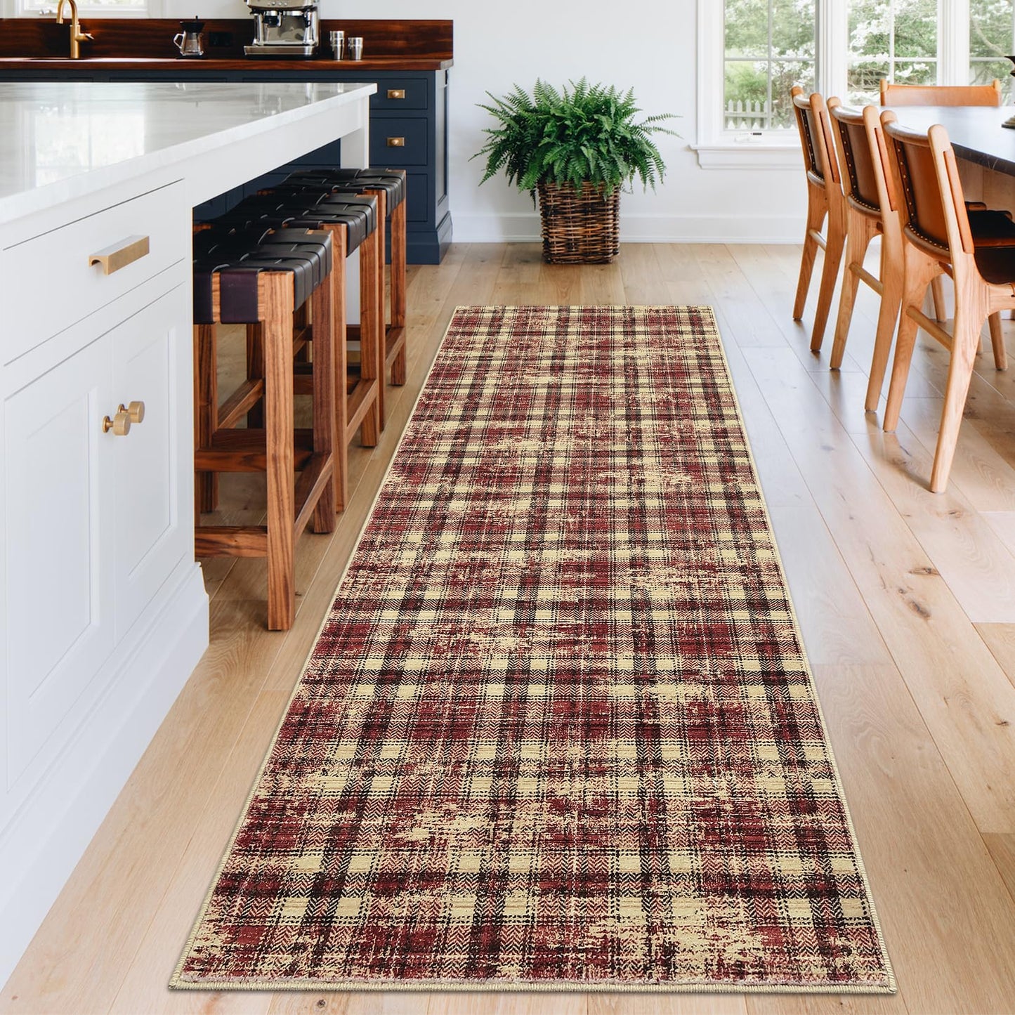 LUXLOOM Washable Rugs 2x10 Runner Rug Modern Plaid Bathroom Rugs Non Slip Kitchen Runner Low Pile Entryway Rug Soft Runners Stain Resistant Carpet for Laundry Hallway Bedside 2'x10' Red