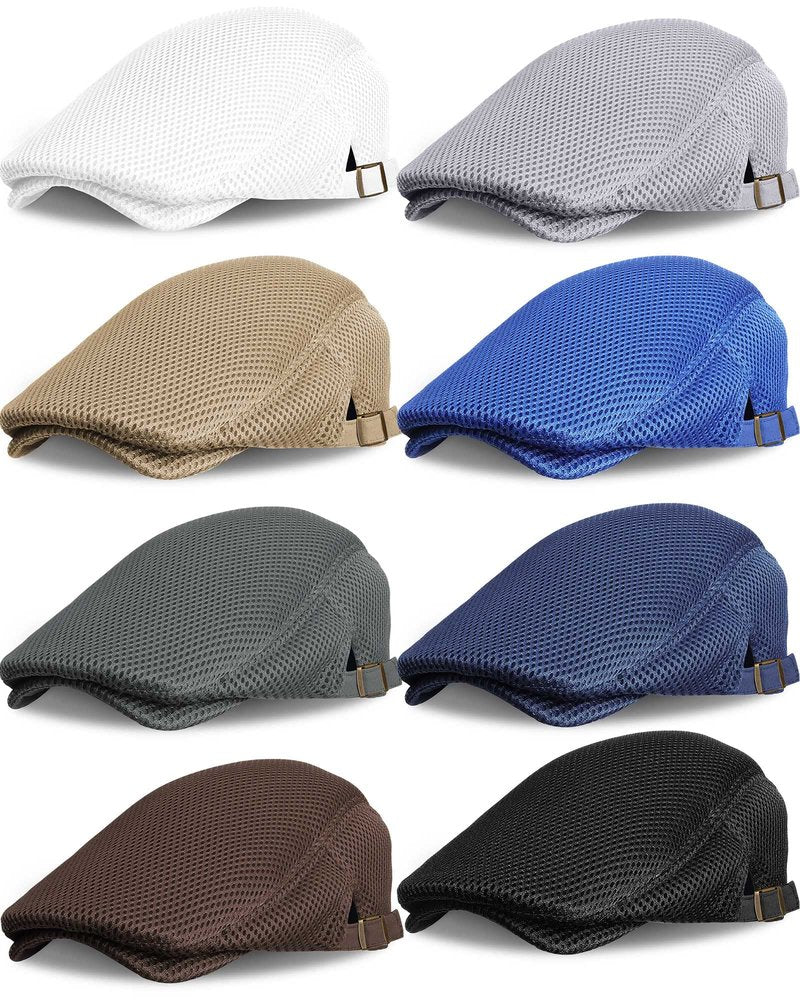 Chuarry 8 Pack Men's Mesh Flat Cap Breathable Summer Newsboy Hat Cabbie Driving Hats for Men (Multicolor)
