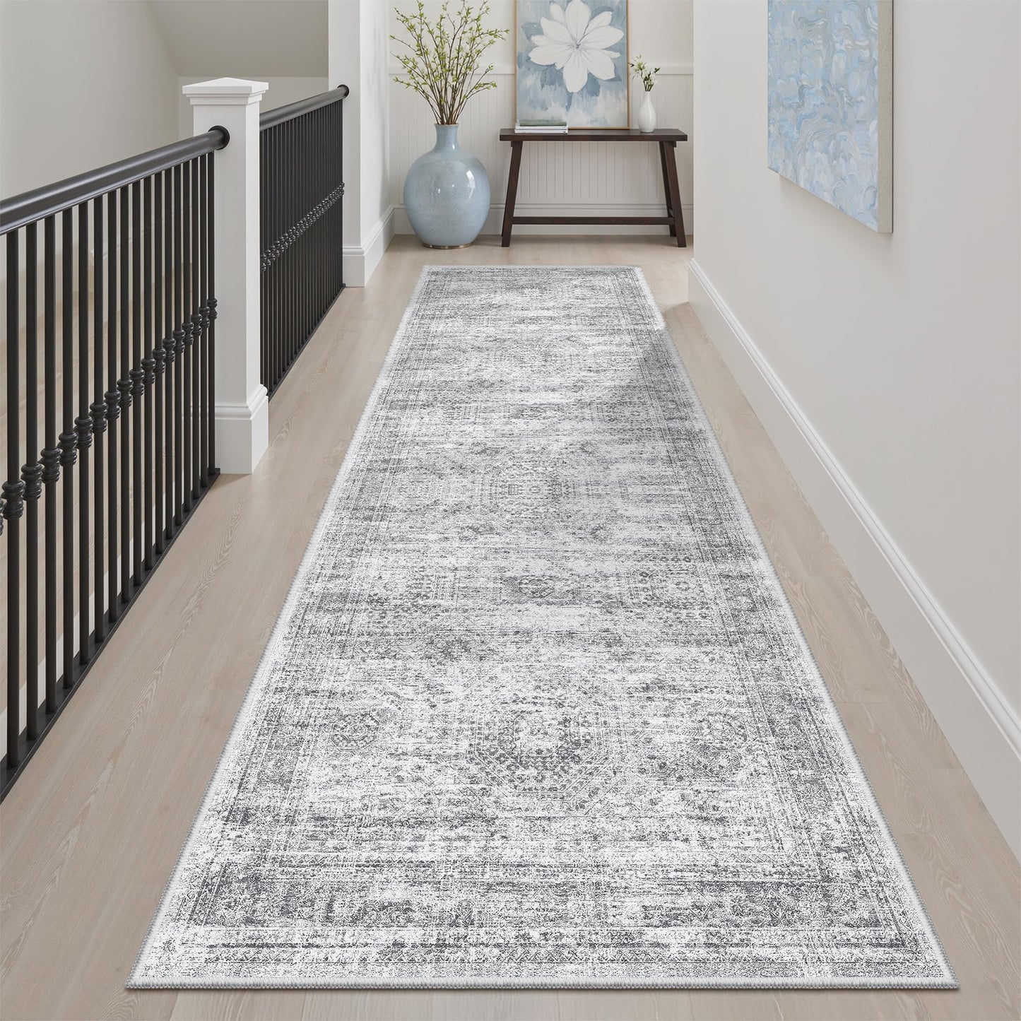 Soalmost Washable Runner Rug, 2'6" x 8' Non-Slip Kitchen Vintage Foldable Hallway Runners for Entryway, Laundry, Bedroom, Grey