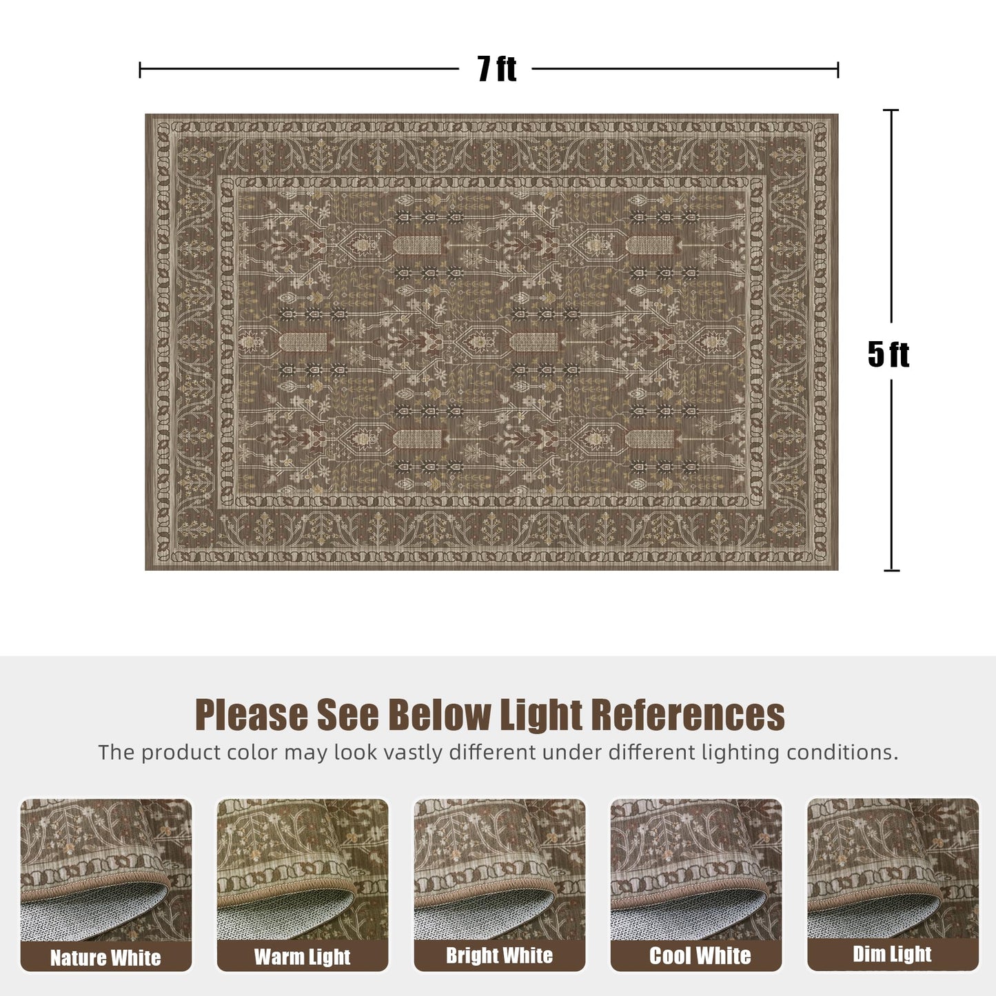 Deerly 5x7 Area Rugs Living Room, Low Pile Ultra Soft Rugs with Non-Slip Backing Machine Washable Vinatge Boho Carpet for Bedroom Playroom Nurseryroom, Kid & Pet Friendly Print Floor Brown Rug 5x7ft