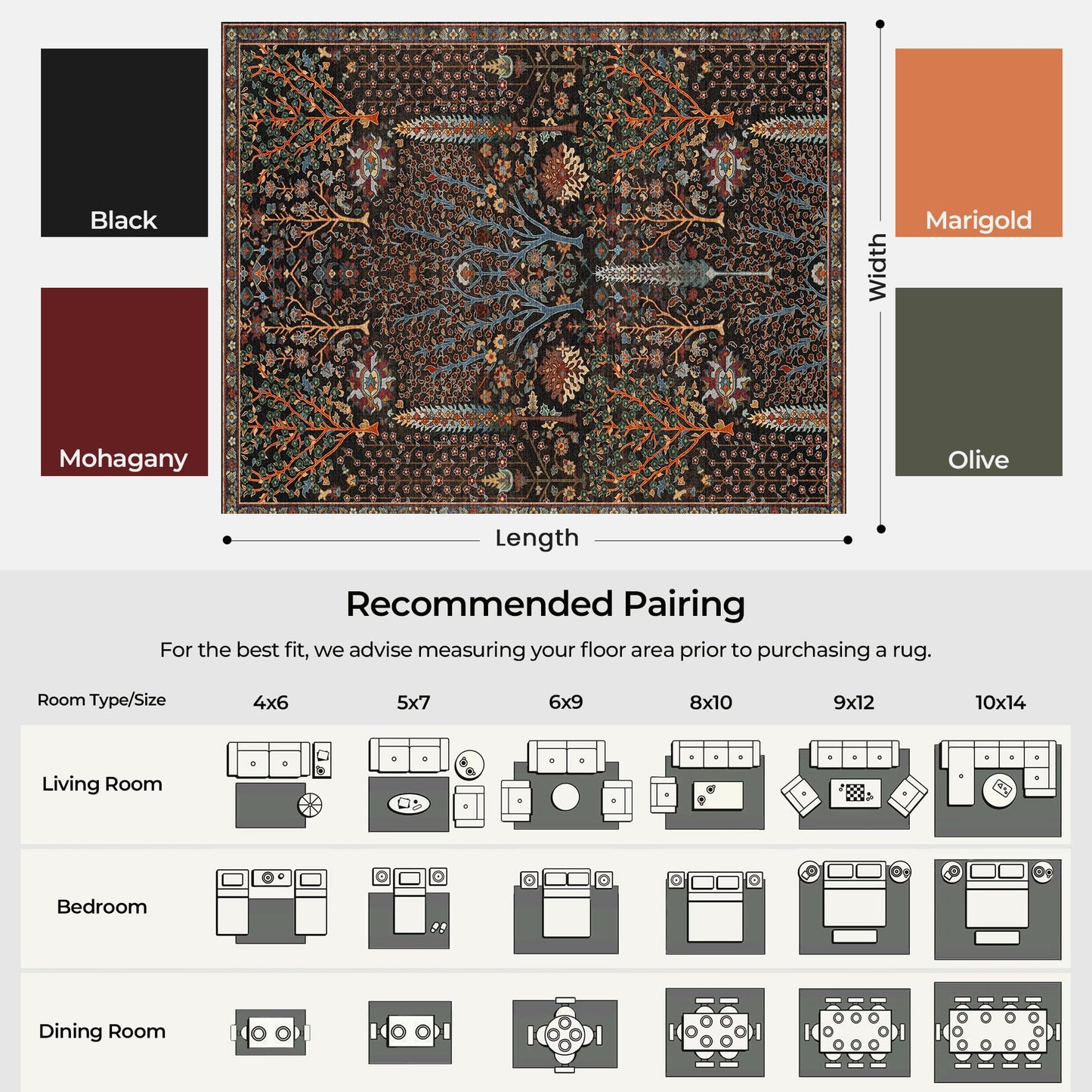 Kokia 8x10 Boho Black Botanical Floral Washable Rug, Oriental Soft Non-Slip Decoration Rugs for Living Room, Farmhouse Bedroom, Kids Playroom, Office