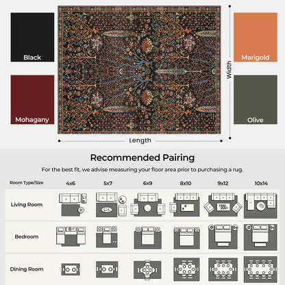 Kokia 8x10 Boho Black Botanical Floral Washable Rug, Oriental Soft Non-Slip Decoration Rugs for Living Room, Farmhouse Bedroom, Kids Playroom, Office