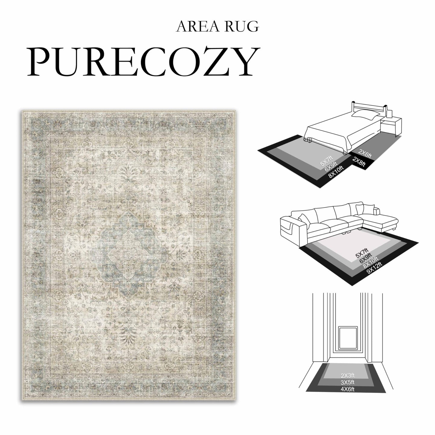 PureCozy 5x7 Brown Area Rug for Living Room,Non-Slip Backing Washable Carpet,Vintage Large Low Pile Area Rug，Easy Care Ideal for High Traffic Soft Carpet in Bedroom Office Coffee Table Dining Room