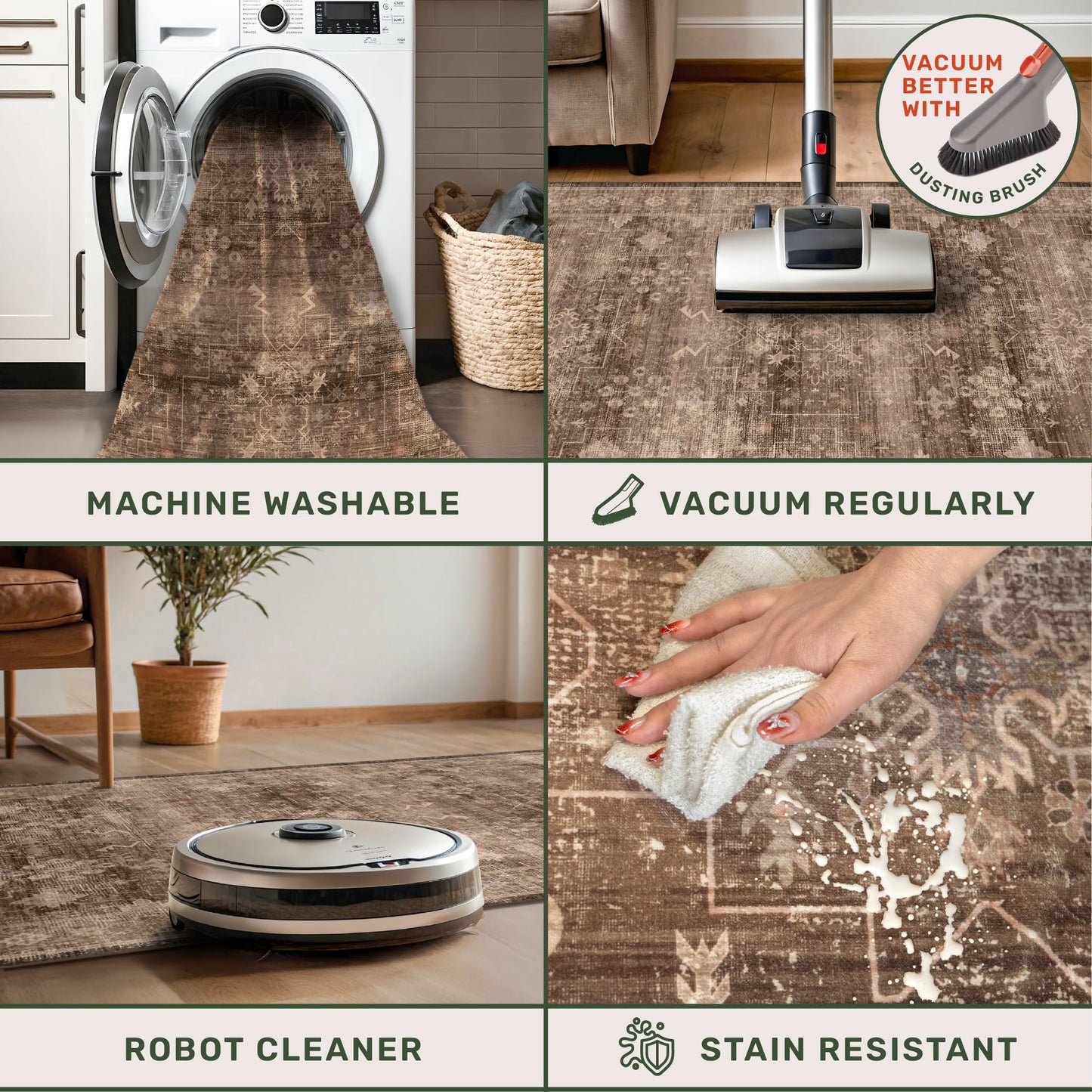 Brown Boho Washable 2x6 Runner Rugs for Hallway Kitchen Bedroom Beside Laundry Room Bathroom Rug, Pet & Kids Friendly, Non Slip Low Pile Stain Resistant Soft Faux Wool Long 24 x 72 Floor Carpet