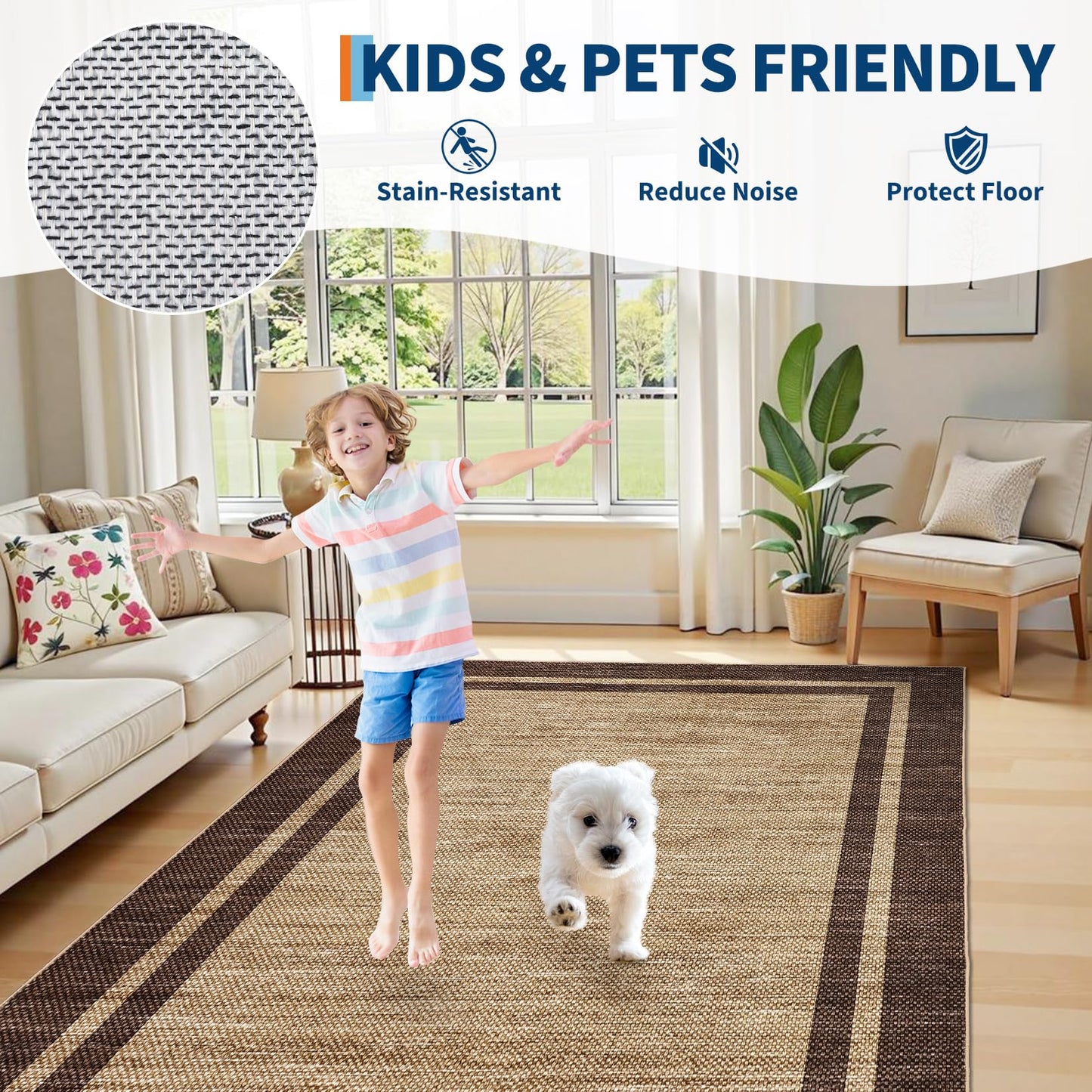Garvee 8x10 Area Rug Neutral Border Rugs for Living Room Brown Rug Washable Rugs for Bedroom Non Slip Non Shedding Floor Cover Stain Resistant Low Pile Throw Carpet for Dining Room Nursery，Brown