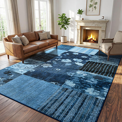FALARK Modern Area Rugs for Living Room, 4x6 Feet Geometric Patchwork Rug, Washable Non-Slip Indoor Low Pile Carpets for Bedroom Dining Room Office Playroom Home Dorm Decor, Blue