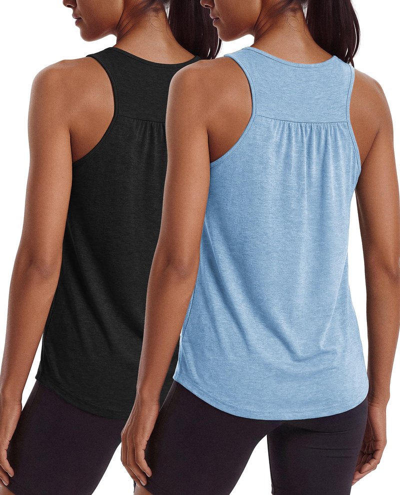 PINSPARK Workout Tank Tops for Women Racerback Yoga Top 2 Pack Loose Fit Gym Pilates Outfits Sleeveless Running Athletic Tanks,Black/Light Blue XXL