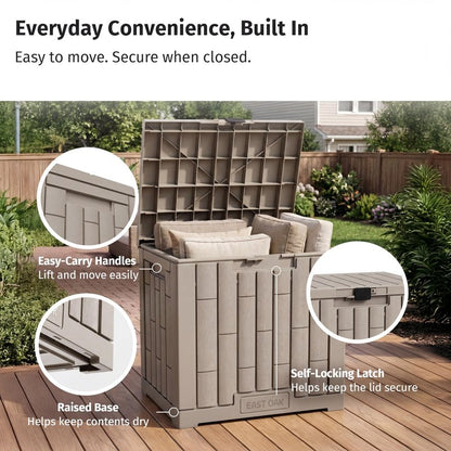 EAST OAK Outdoor Storage Box, 31 Gallon Deck Box, Waterproof Resin Storage Bin for Patio Cushions, Gardening Tools, Accessories, Lockable, UV Resistant, Brown