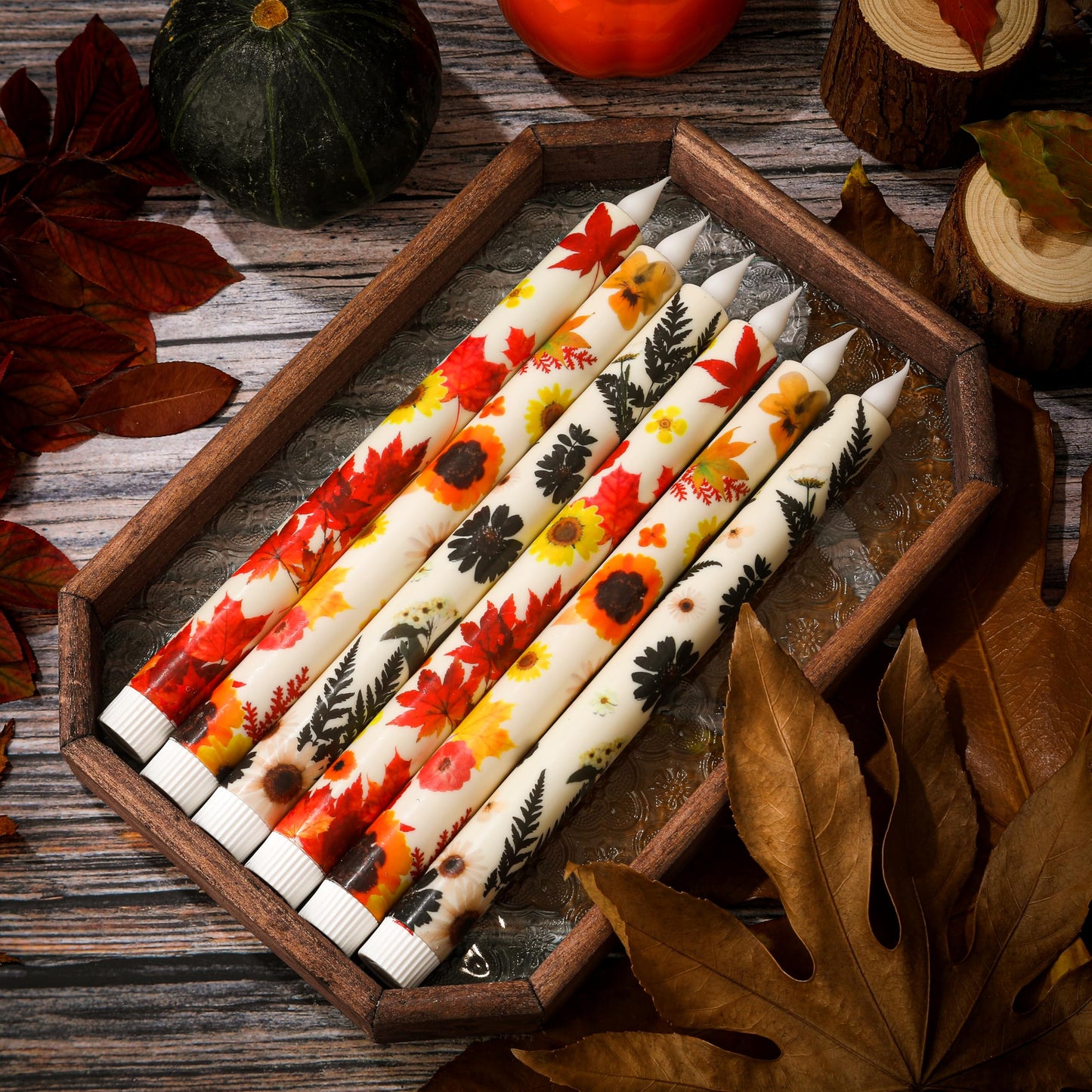LCZLUMIPRO 6PCS Thanksgiving Flameless Taper Candles - Fall Maple Leaf Decor, Thanksgiving Decorative Candles with Wax Coating and Autumn Floral Prints Perfect for Table, Party, Banquet