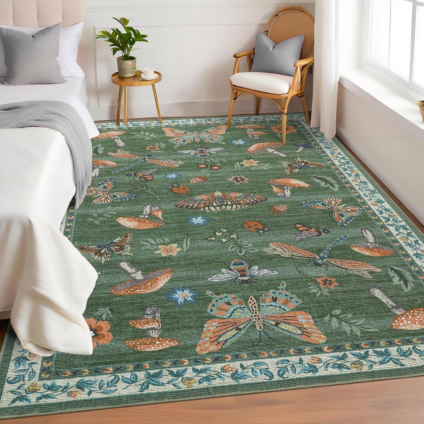 ROYHOME Mushroom Washable Rug 5x7 Area Rugs for Living Room, Insect Print for Bedroom, Non Slip Throw Rugs with Rubber Back, Soft Low Pile Dining Room Carpet for Under Table, Green