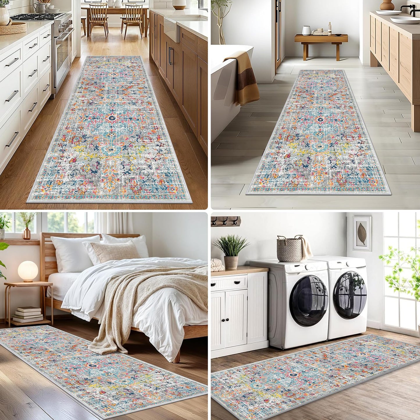 Pauwer Hallway Runner Rug 2'x6' Washable Boho Farmhouse Entryway Kitchen Runner Vintage Non Slip Laundry Room Bathroom Area Rugs Rubber Backed Front Door Foyer Bedroom Floor Mat Carpet Runner, Grey