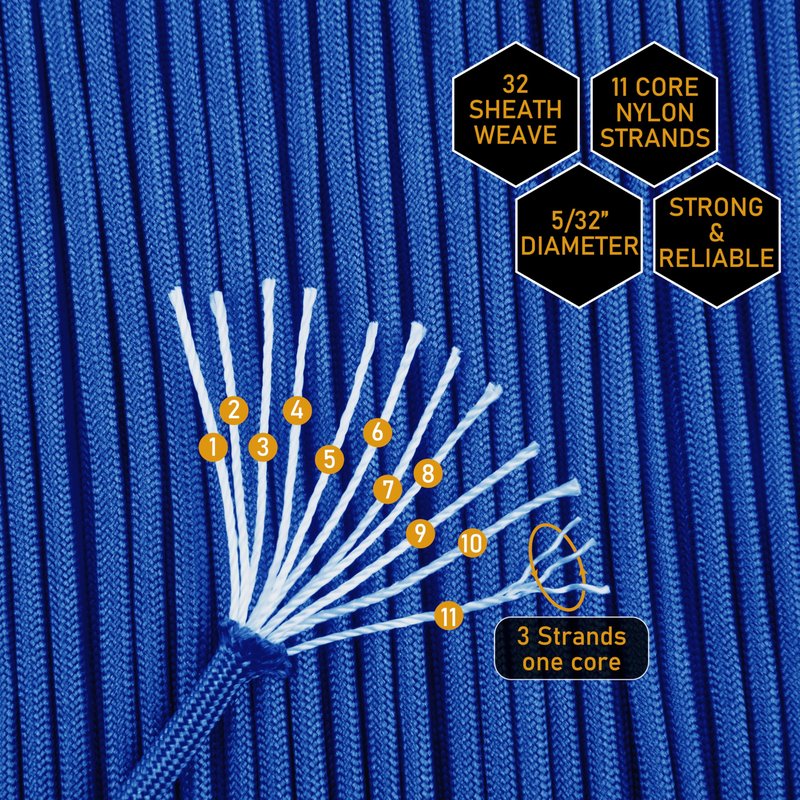 HERCULES 750lb Paracord 4mm 11 Strands Tactical Parachute Cord, 50' 100' 250' 1000' Utility Rope for Camping, Survival, Outdoor Gear (Royal Blue, 100FT)