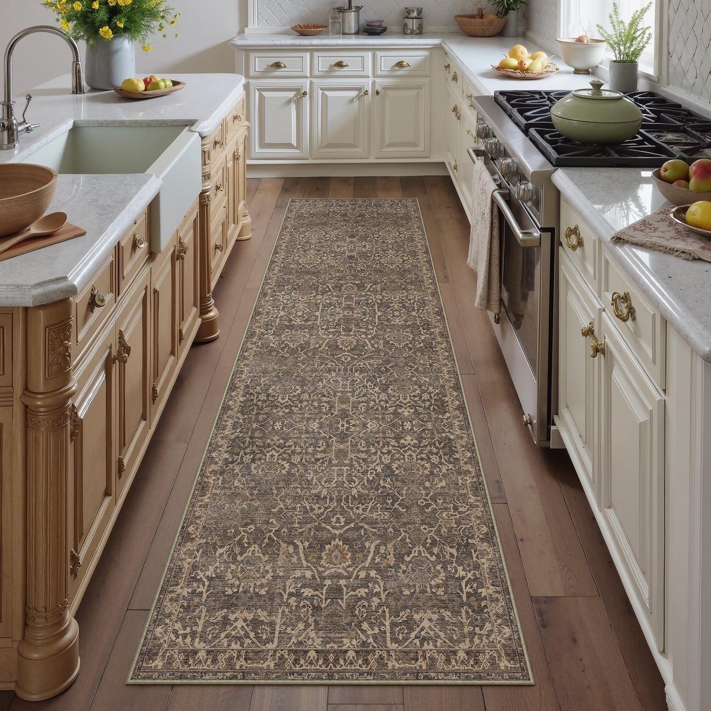 HUGEAR 2'6''x10 Runner Rug Machine Washable Retro Brown Hallway Area Rug Indoor Vintage Rug Floral Low Pile Carpet Soft Throw Rug Bedroom Living Room Office Dining Room Kitchen Laundry Room Non Slip