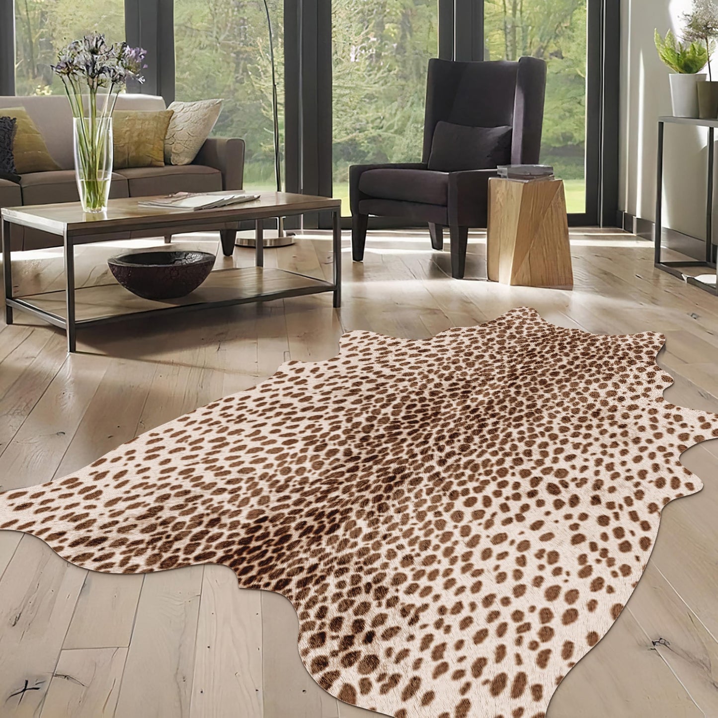 WARM HAVEN Leopard Print Rug, Cowhide 4.6x5.2 Feet Cheetah Print Faux Animal Skin Rug Cow Hide for Bedroom Animal Hide Cow Shaped Antelope Multicolor