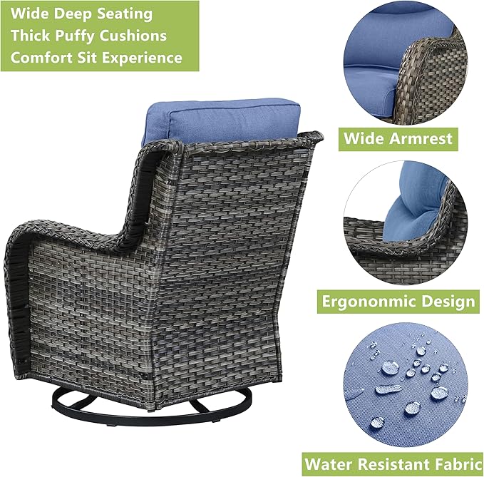 Rilyson Wicker Rocking Chair Swivel Chairs - 2 Piece Rocker Patio Chairs Set Rattan Rocking Chair for Outdoor Porch Deck Garden Backyard (Mixed Grey/Blue/Smile)