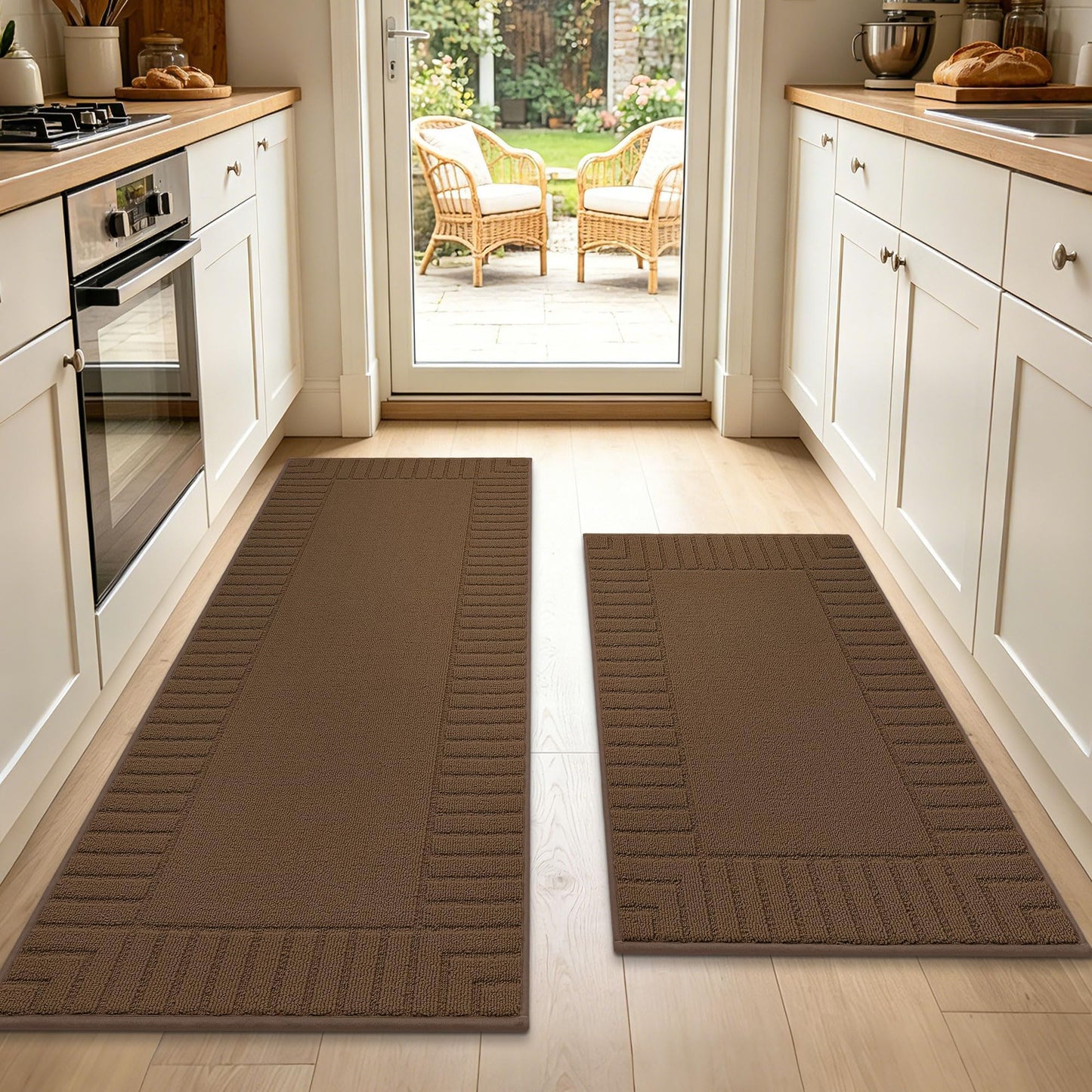 BEQHAUSE-Kitchen-Rugs-Anti-Slip-Kitchen-Mats-for-Floor Absorbent Kitchen Mat Set of 2 Washable Kitchen Runner Rug with TPR Non Skid Backing,Brown 24x35inch/24x60inch