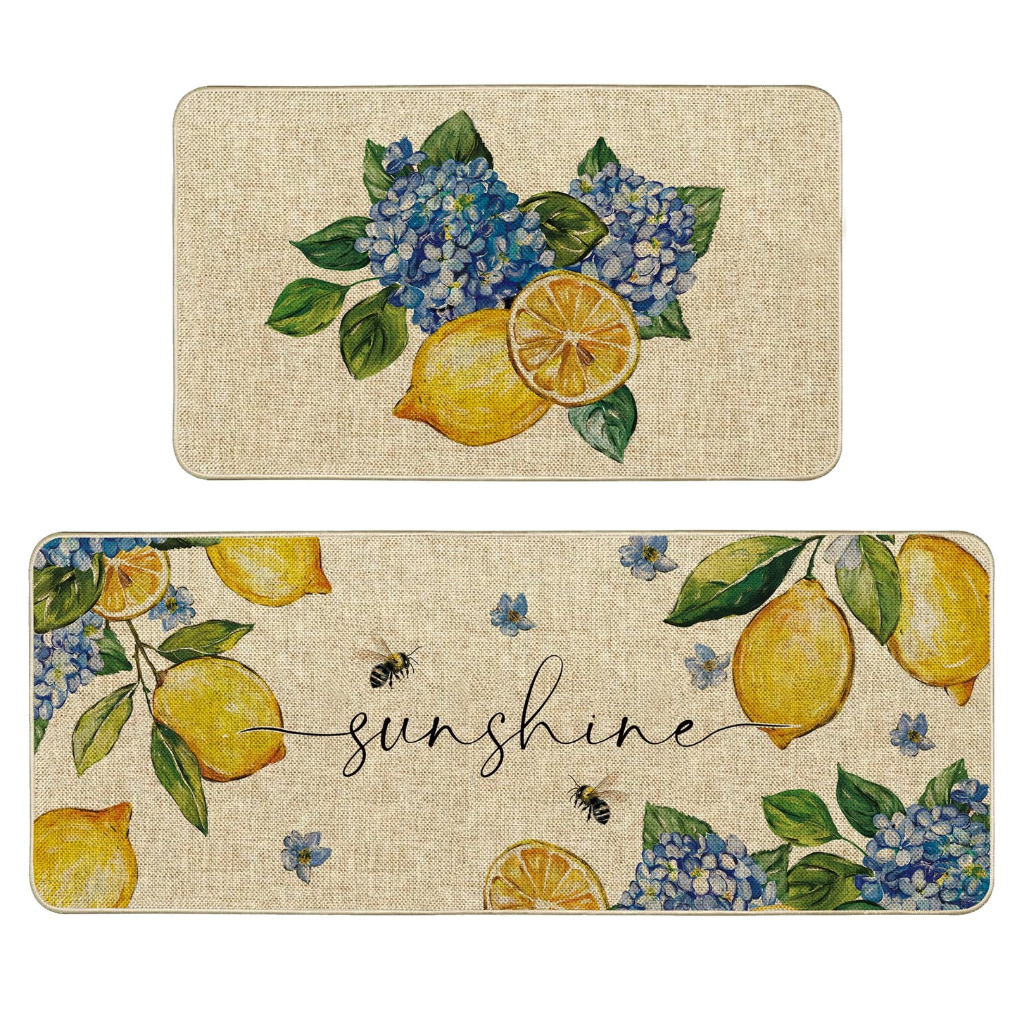 Tikeciti Summer Lemon Kitchen Mats Set of 2, Almafi Italy Blue Hydrangea Kitchen Rugs Sunshine Bee Floor Rug Non-Slip Low Profile Mat Seasonal Farmhouse Home Decor 17x29 and 17x47 Inch