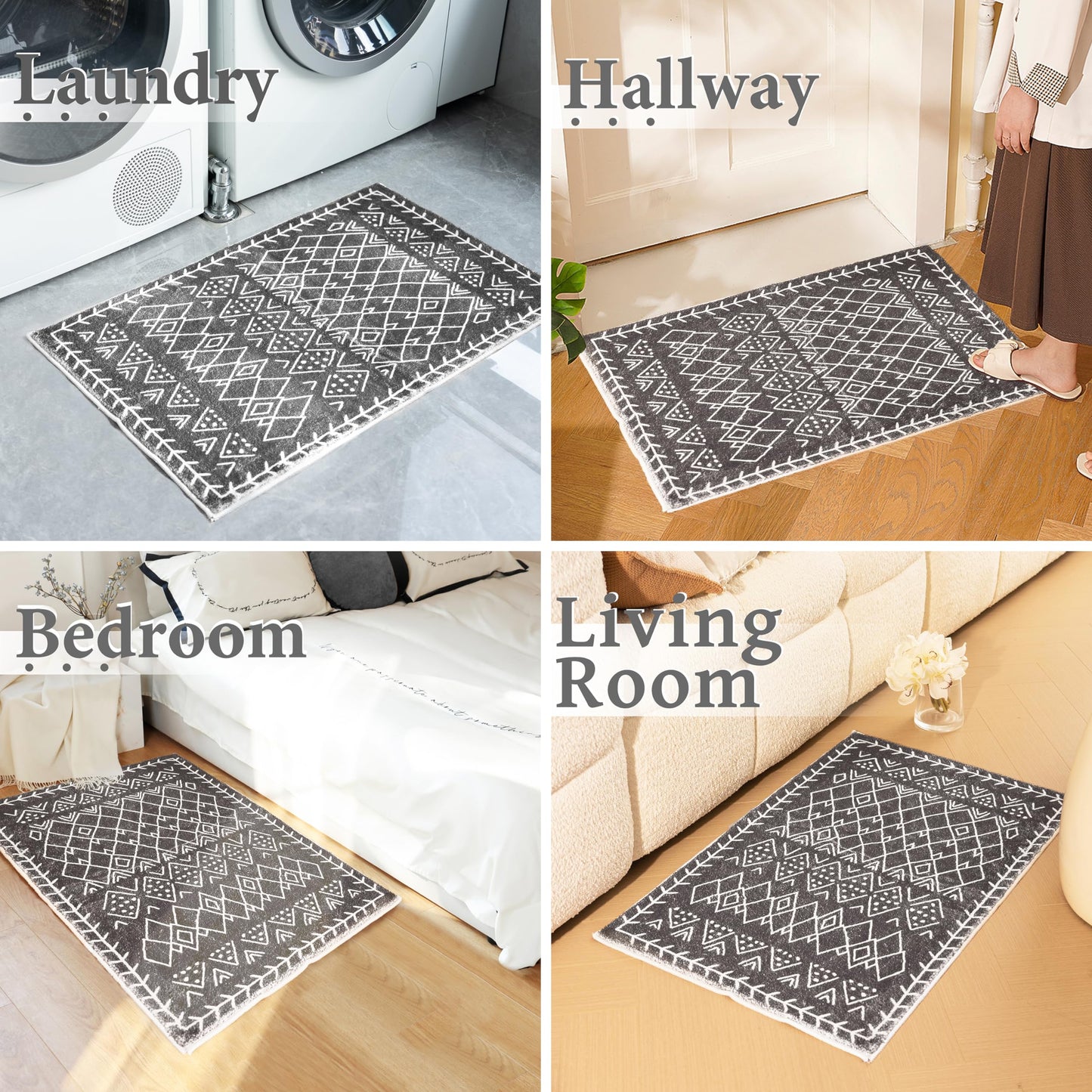 Tititex Luxury Dark Grey White Bohemian Runner Rug, 20x32 inch Extra Soft Microfiber Area Rugs, Non-Slip Plush Shaggy Boho Bedside Carpet, Mats for Bedroom Floor, Laundry and Doorway