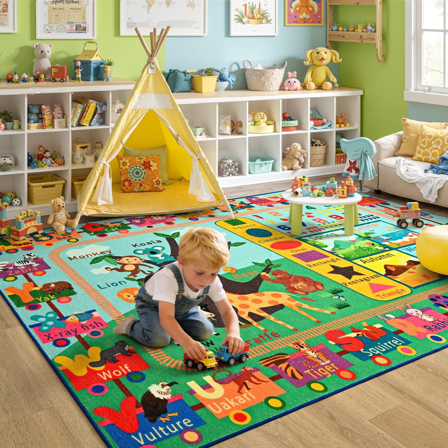 Maxsoft Kids Rug for Playroom, Educational 4x6 Play Mat for Classroom, Washable Playmat for Learning ABC Alphabet Animal Season Shapes Numbers Daycare Rug for Kids Room Nursery Children Toddler