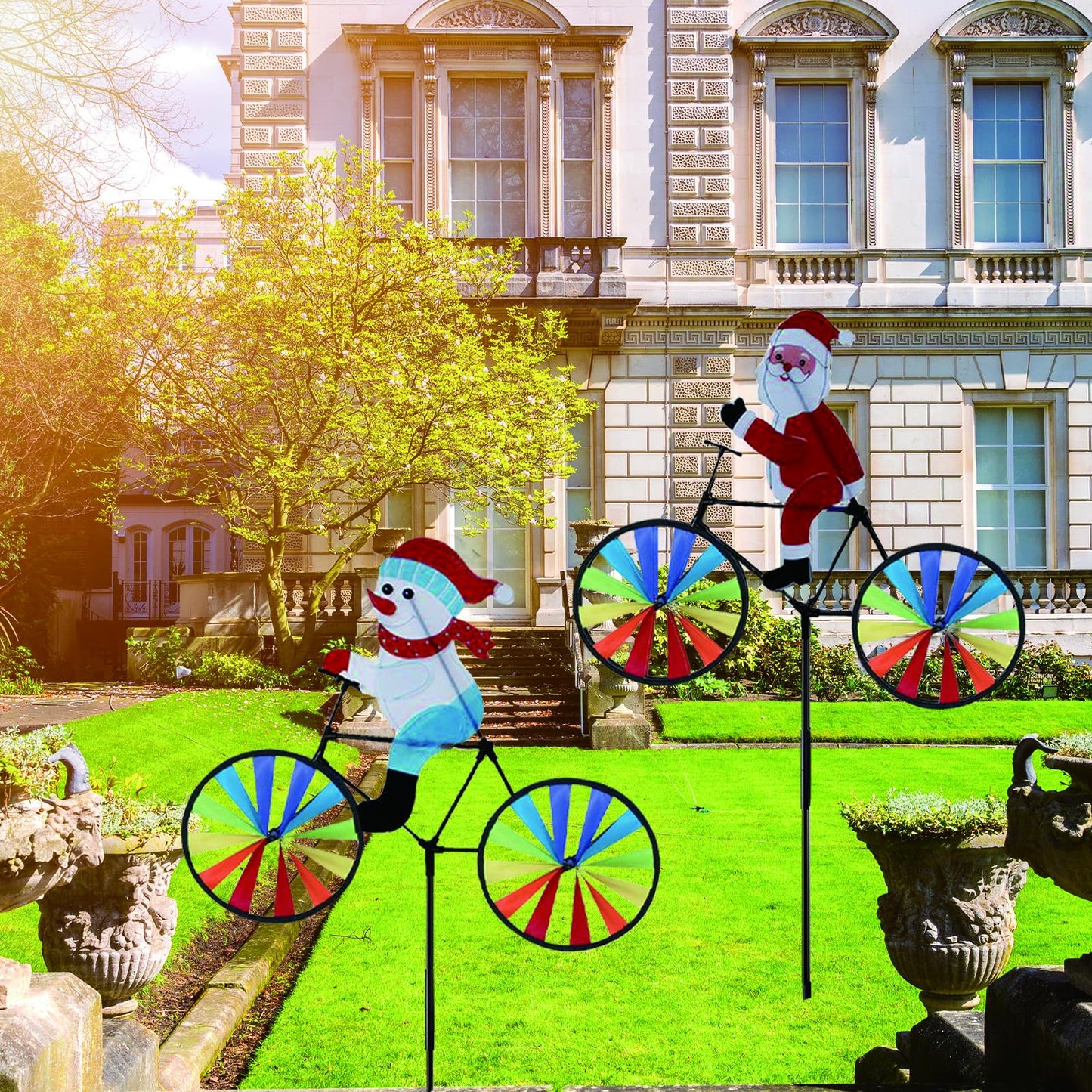 2 Pack 20 Inches Christmas Santa & Snowman Bike Spinner Decorations Pinwheels with Stakes Windmill Wind Spinners Outdoor for Yard Garden Lawn, Large Pin Wheels Christmas Accessories Gifts for Kids