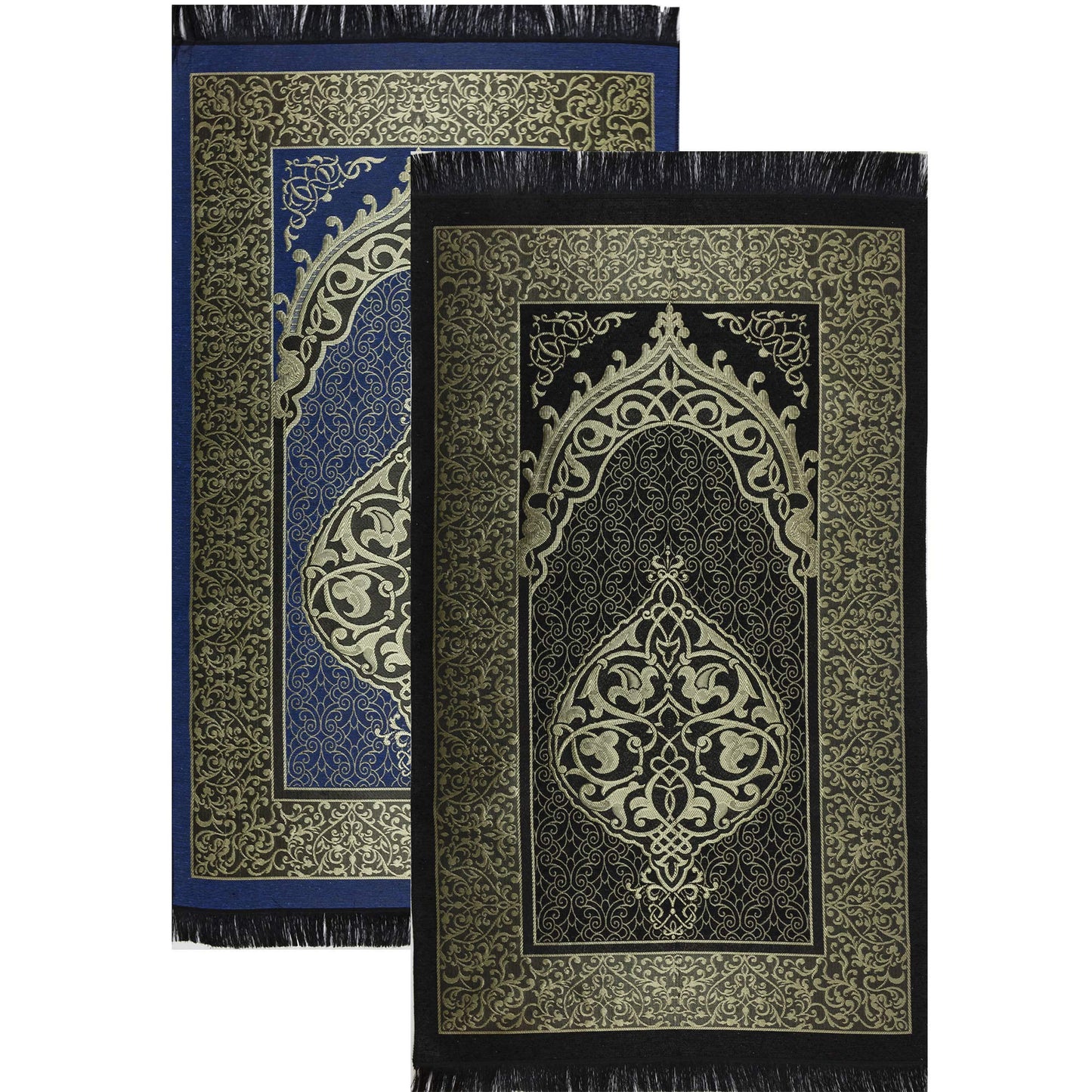 Modefa Islamic Prayer Rug Thin Woven Chenille and Taffeta Turkish Sajadah Intricate Design Metallic Ottoman Mat (Black + Blue)