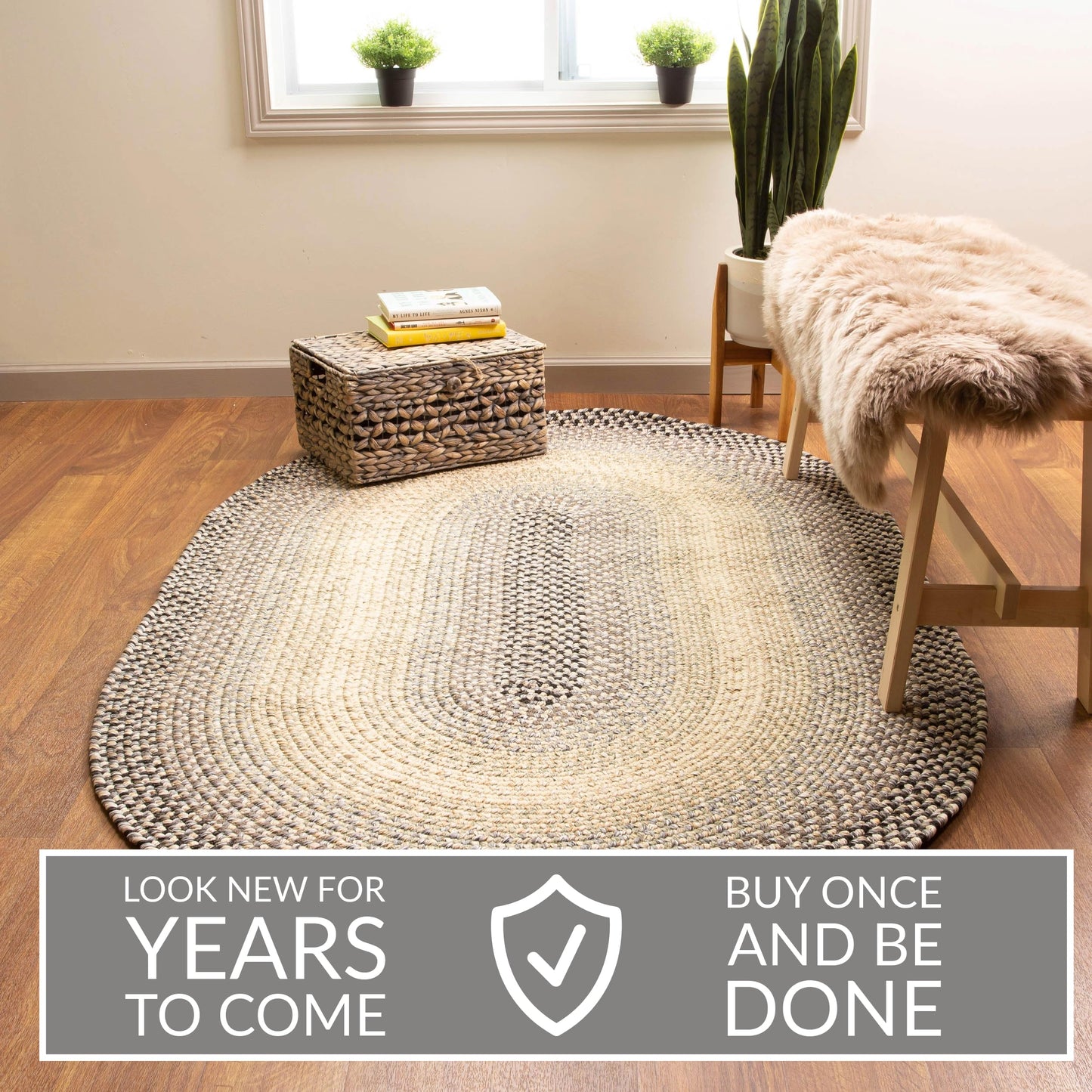 Super Area Rugs Braided Rugs 2X3 Farmhouse Kitchen Rug - Ridgewood Gray Braided Rug for Living Room - Reversible - Indoor/Outdoor - Made in USA - Graphite/Beige, 2' X 3' Oval