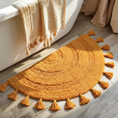 KOEXM Half Circle Boho Bathroom Rugs with Tassels 100% Cotton Hand-Woven Bath Rugs Non Slip Absorbent Crochet Rugs Machine Washable Boho Bath Mats for Bathroom Floor Tub