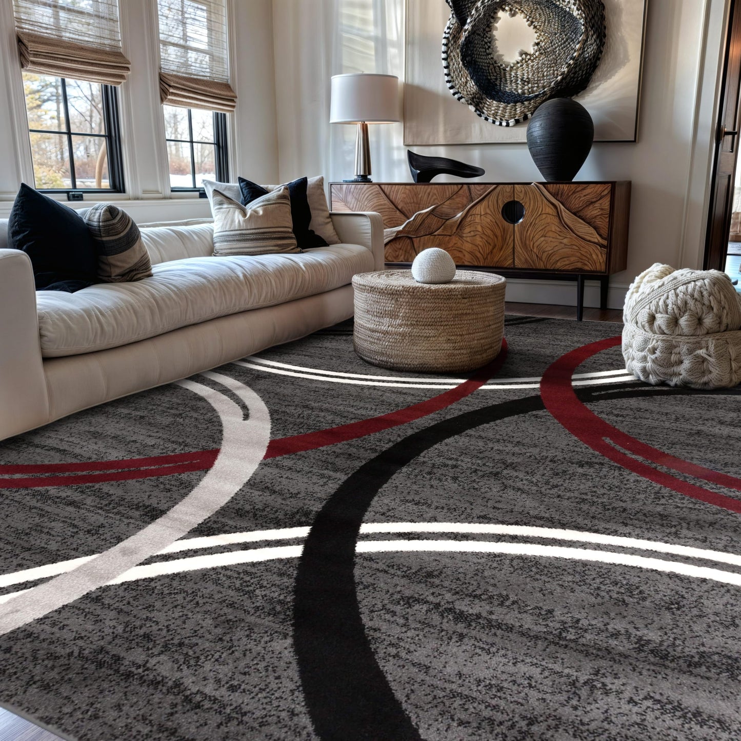 Rugshop Modern Wavy Circles Design Non-Shedding Area Rug, Carpet for Living Room or Dining Room, Red, 6'6" x 9'