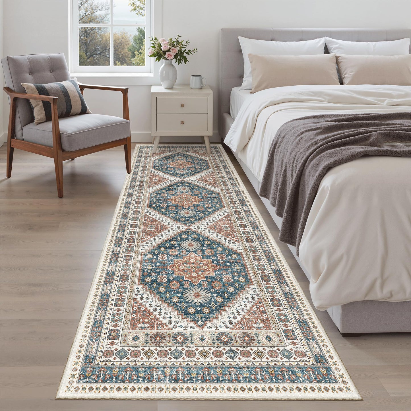 Madane Runner Rug 2'6''x8' Kitchen Runner, Hallway Runner Printed Vintage Washable Rugs Soft Non-Slip Low Pile 2.5x8 ft Runners for Hallways Laundry Room Rug Distressed Rug, Navy Blue