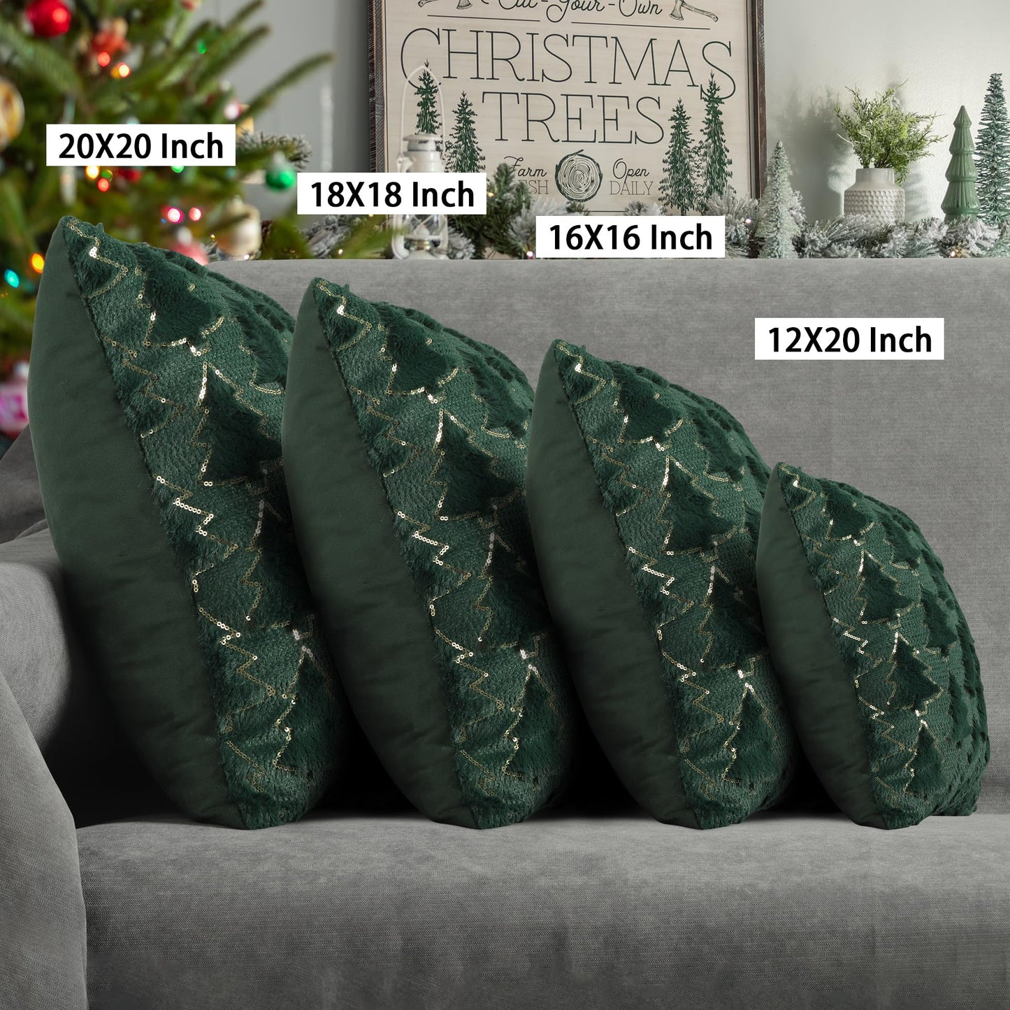 4TH Emotion Christmas Tree Decorative Lumbar Pillow Covers 12x20 Set of 2, Green Soft Plush Faux Fur Farmhouse Throw Cushion Cases for Xmas Winter Holiday Home Decorations