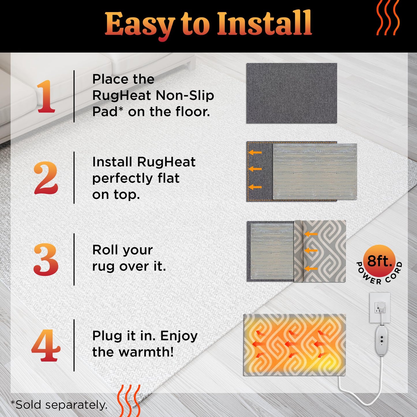 RugHeat Portable Heated Floor Mat, Large (58x81 inches) Fits Under a 5' x 7' Rug - Under-Rug Pad for Heated Rug, Electric Radiant Floor Heater for Area Rugs, Heating Mat for Bedrooms, Living Rooms