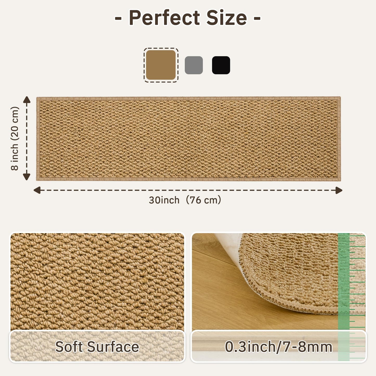 ComiComi 4PCS Non-Slip Stair Treads - 8"x30" Edging Stair Treads for Wooden Steps Washable Peel and Stick Indoor Stairs Tread Rug Stain Resistant Staircase Mat for Kids and Pets (4pc, Brown)