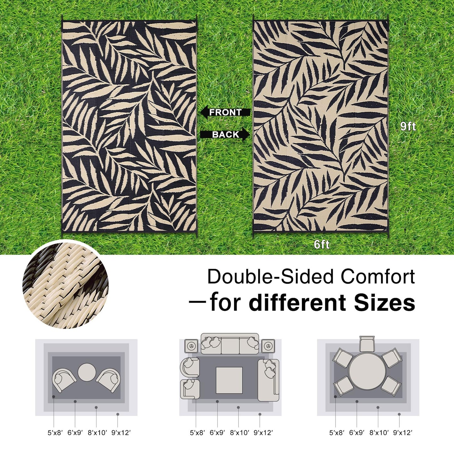 OLANLY Waterproof Outdoor Rug 6x9 ft, Reversible Outdoor Plastic Straw Rug with Leaf Pattern, RV Mat, Indoor Outdoor Carpet for Patio, Camping, Balcony, Deck, Backyard, Black & Beige