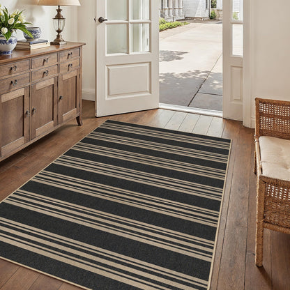 PureCozy Striped Easy Jute Rug 3x5 Black Entryway Carpet Washable Non Slip Office Door Mat Farmhouse Neutral Non Shedding Small Indoor Outdoor Rug for Bathroom Kitchen Bedroom Living Room