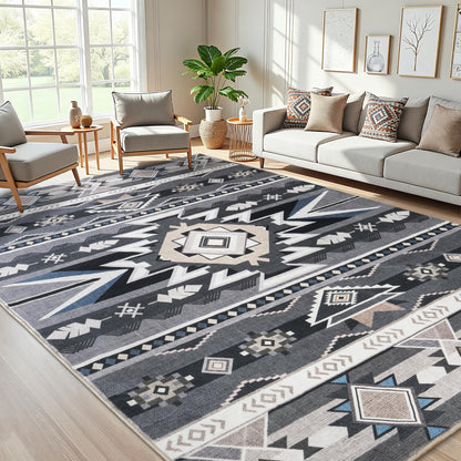 Western Rug for Living Room, 6x9 Non Slip Low Pile Aztec Rug for Bedroom, Dining Room Rugs for Under Table, Office, Large Machine Washable Area Rugs, Grey