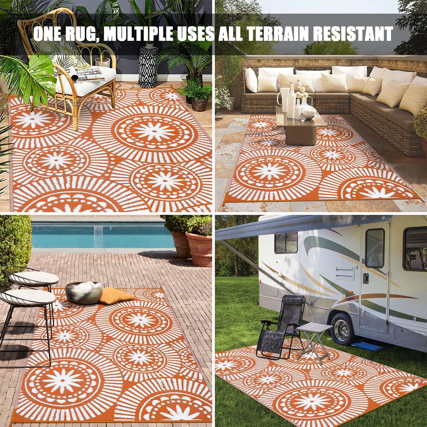 Ileading Outdoor Plastic Straw Rug 6x9ft Modern Geometric Style Reversible Patio Area Rugs Waterproof Non Shedding Portable Carpets for Rv Outside Deck Pool Beach Picnic Camping (Orange)