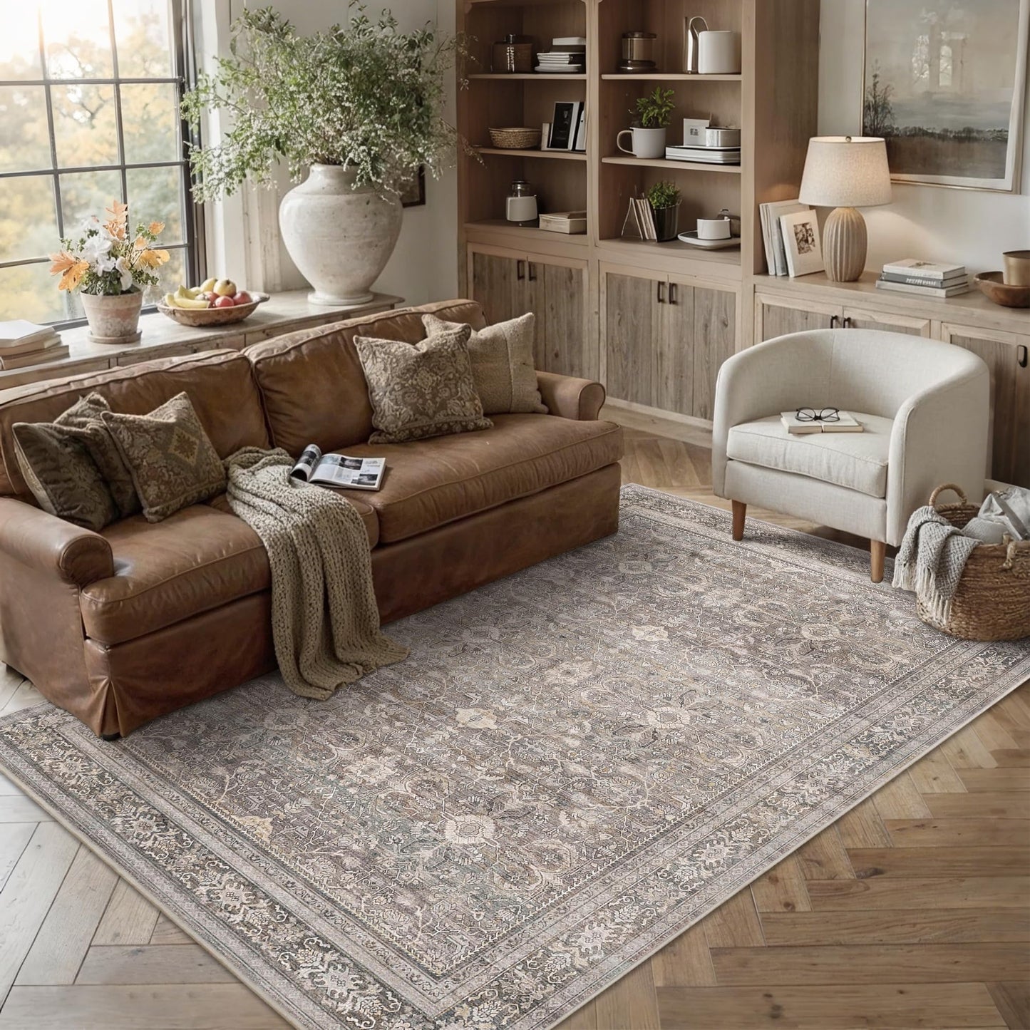 Schweek 6x9 Area Rug Washable Neutral Vintage Distressed Living Room Rugs Large Non Slip Low Pile Soft Floral Carpet Stain Resistant Throw Rug for Bedroom Dining Room Kitchen Office Nursery Taupe