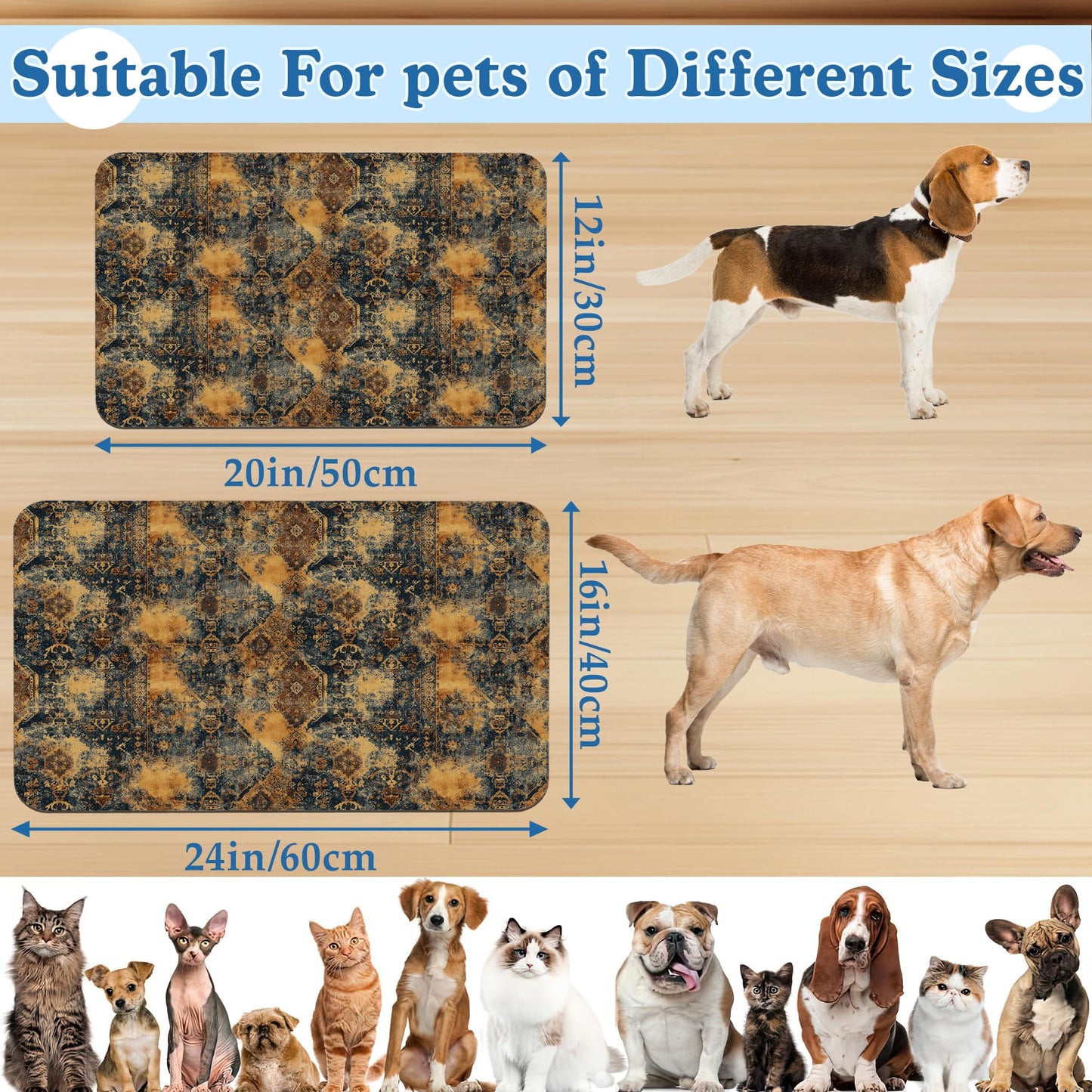 Grunge Boho Pet Feeding Mat for Floors–Absorbent Quick Dry Dog Cat Bowl Mat for Food and Water, Non Slip Waterproof Base, Mess-Free Feeding Accessories 12"x20"