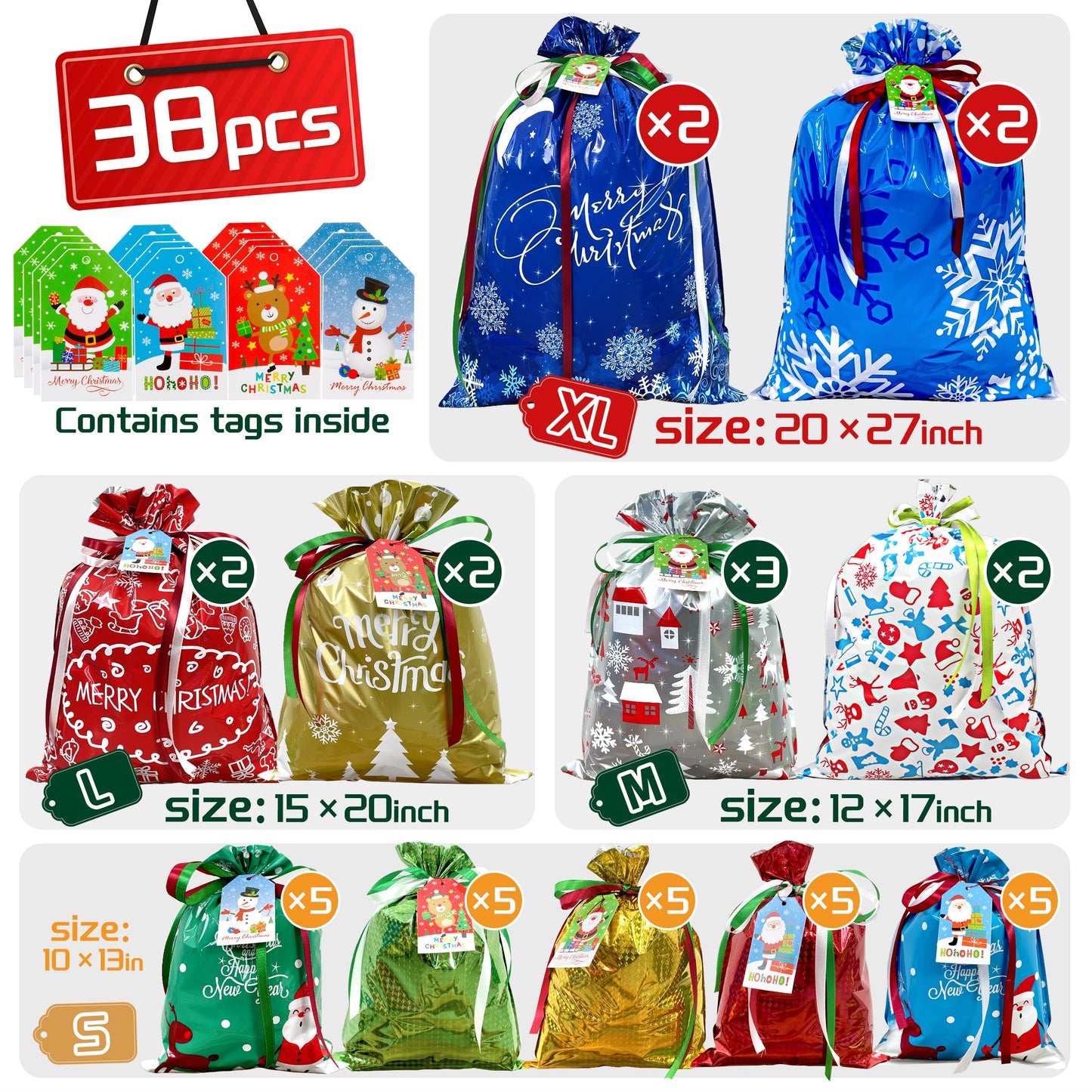 38PCS Christmas Drawstring Gift Bags Assorted Size Small Medium Large