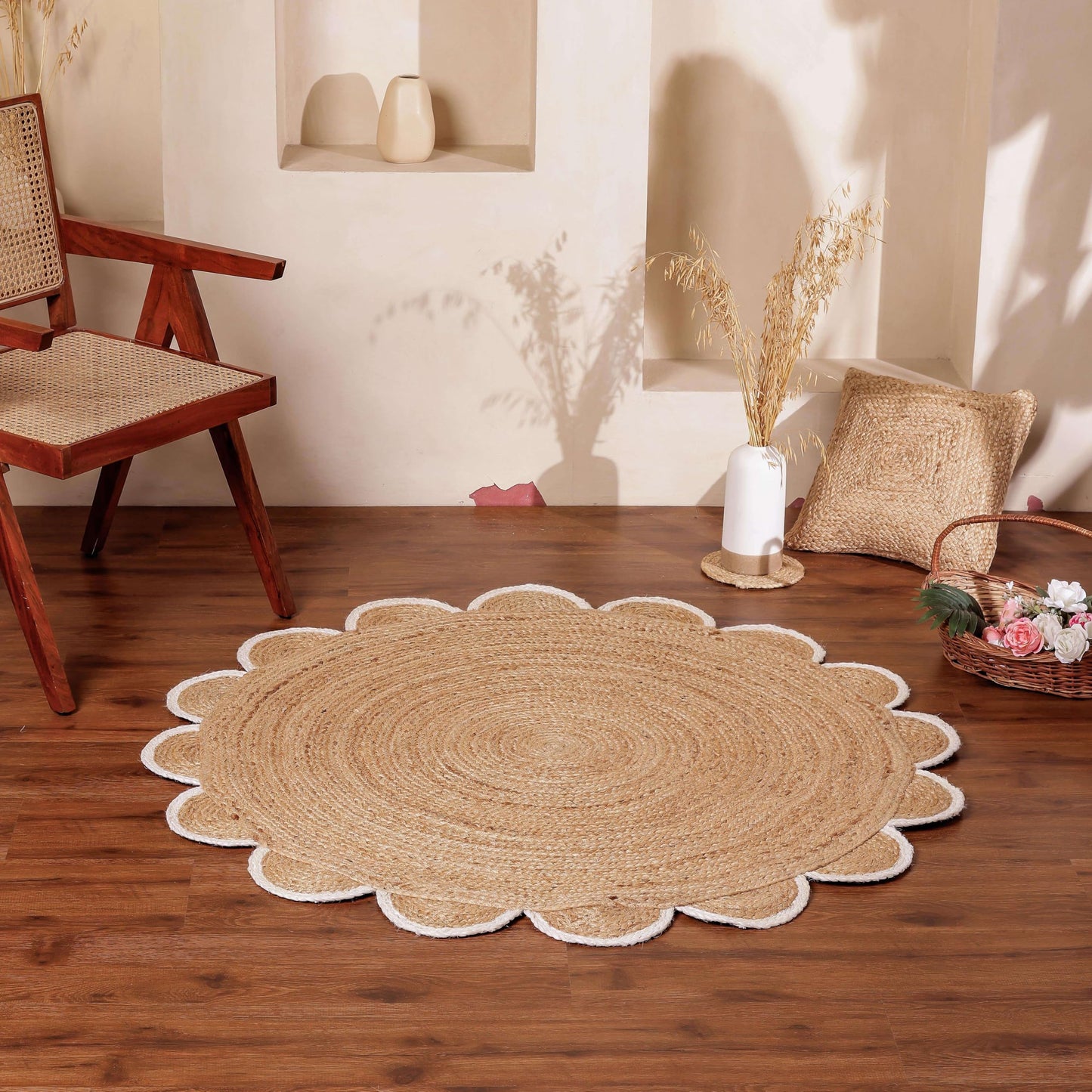 RUGSWEAVE Jute Braided Area Rug - 4'x4' Round Vintage Farmhouse Rug, Handmade Circle Boho Area Rug for Living Room, Bedroom, Natural x White Trim