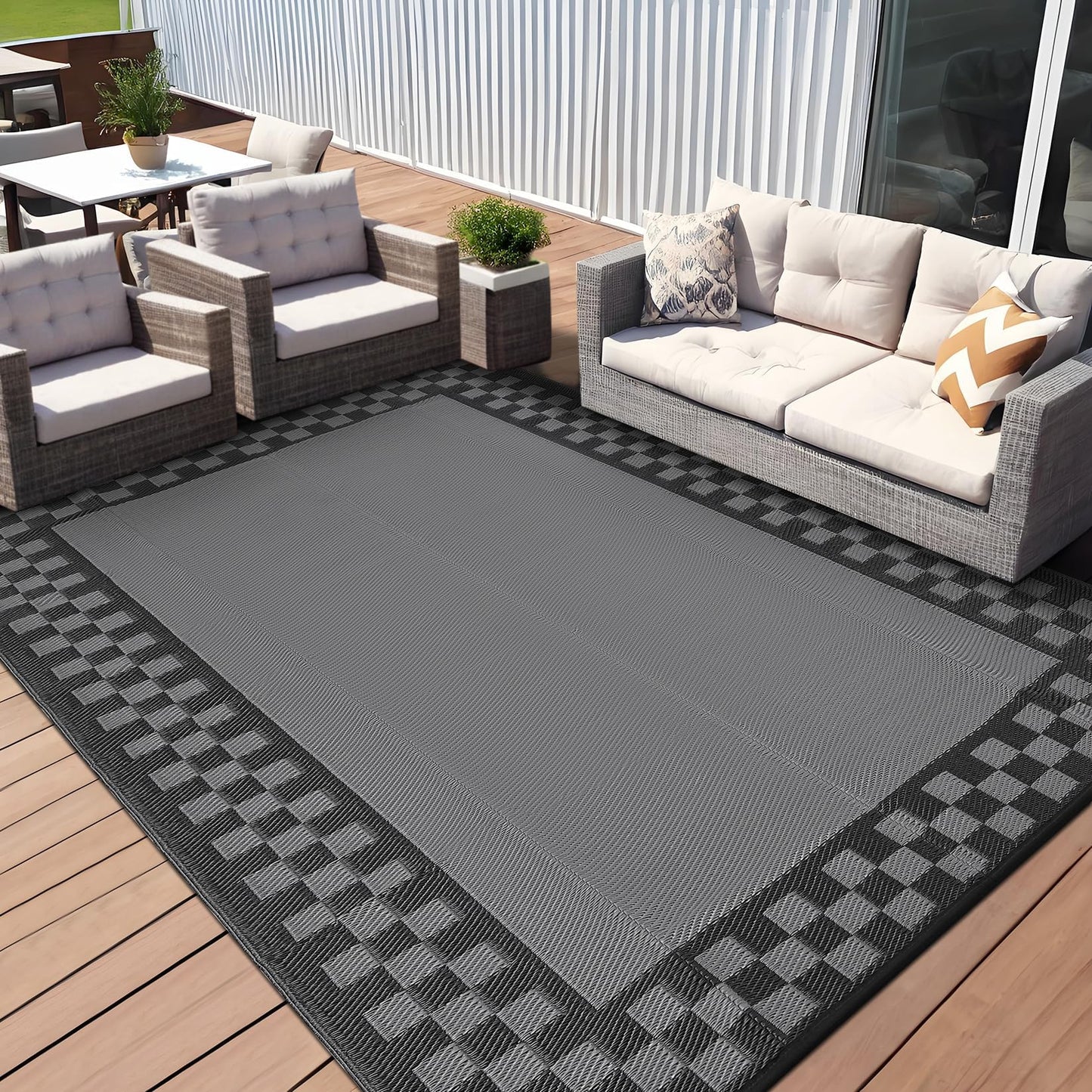 Garvee Outdoor Waterproof Rug 9x18 Large Modern Neutral Outdoor Patio Rugs, Reversible Fade-Proof & Weather Resistant Large Area Rug Mats for Rv Deck Porch Picnic Beach Balcony,Gray & Black